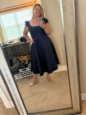 ALFRED SUNG Navy Satin Midi Dress